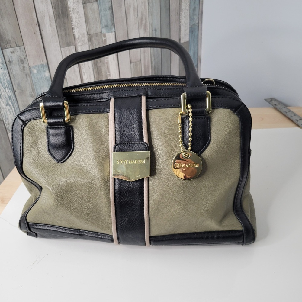 Steve Madden Satchel Handbag Khaki Green & Blk Gold Accent Magnetic Snap Closure